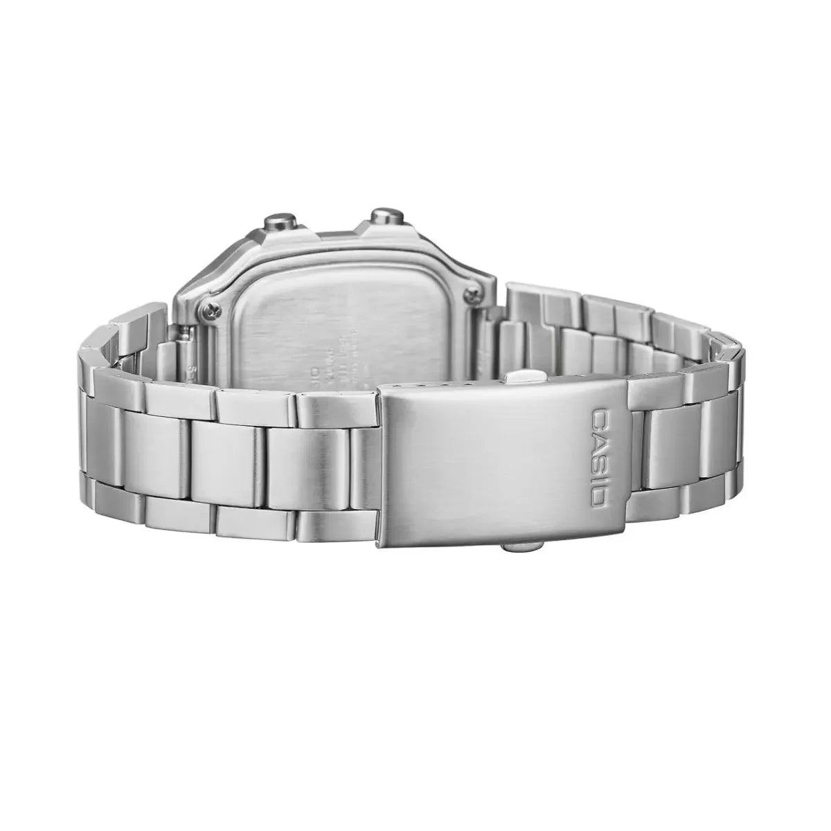 Stainless steel digital watch with metal link strap and clasp, rear view