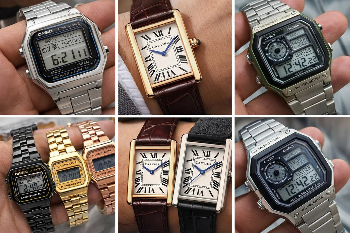 Collage of vintage digital Casio watches and classic Cartier analog wristwatches in various styles