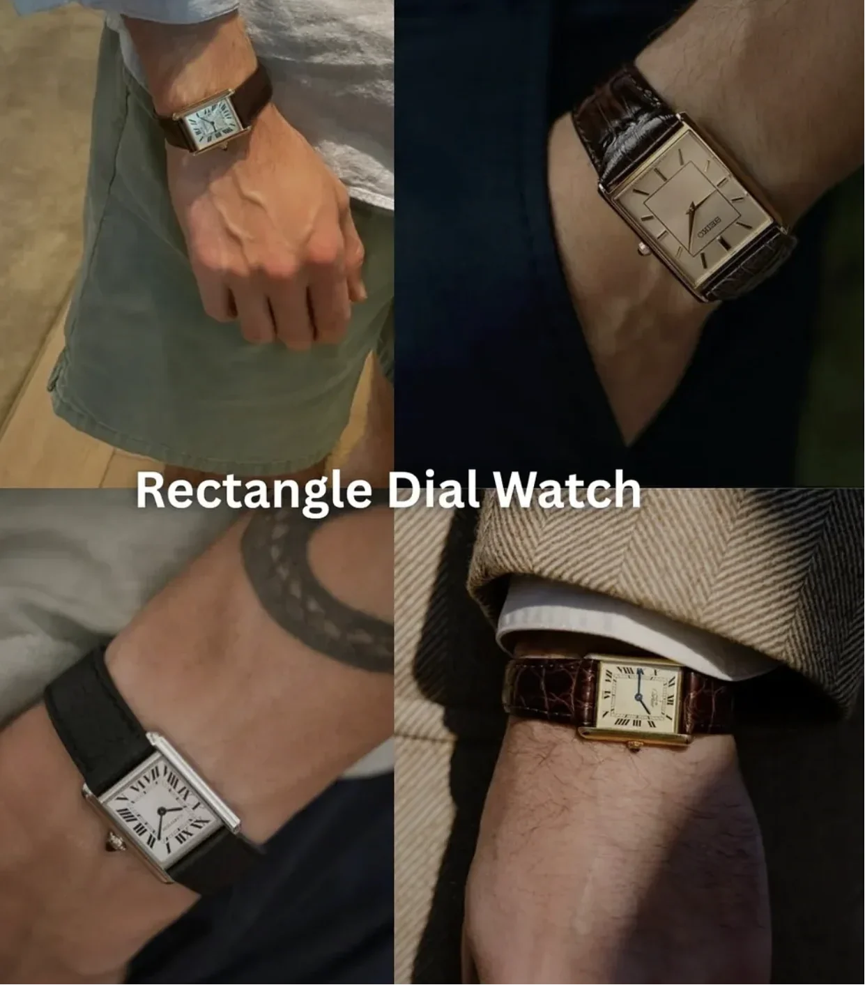 Men’s rectangle dial watches with leather straps shown on wrists in lifestyle settings