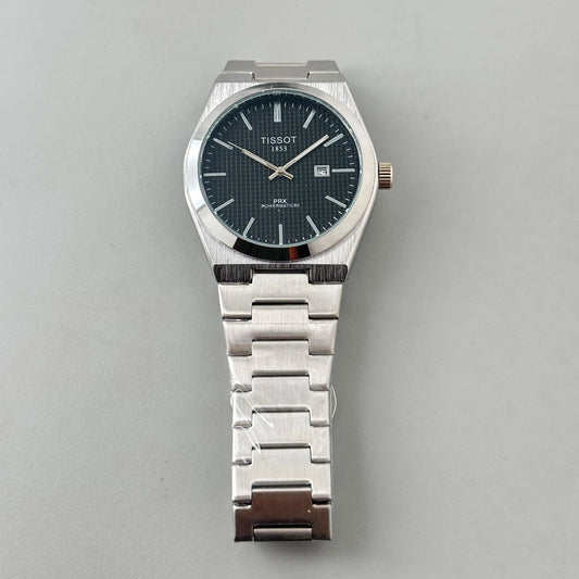 Silver stainless steel analog wristwatch with black textured dial and date display