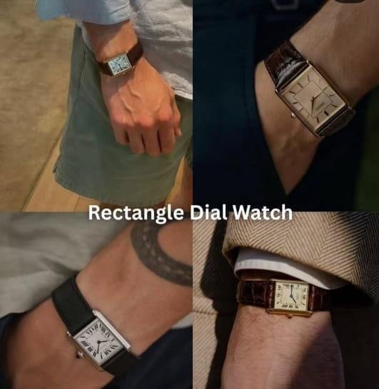 Men wearing rectangle dial watches with leather straps in various styles