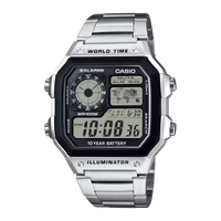 Digital silver Casio world time wristwatch with stainless steel band and multiple displays