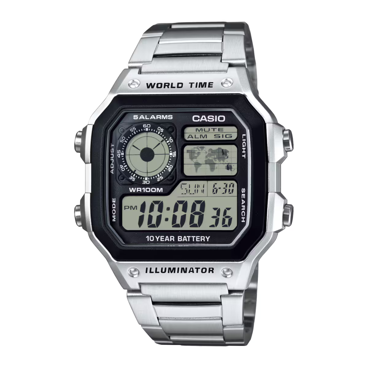 Digital silver Casio world time wristwatch with stainless steel band and multiple displays