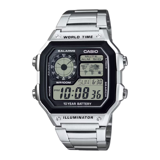 Digital silver Casio world time wristwatch with stainless steel band and multiple displays